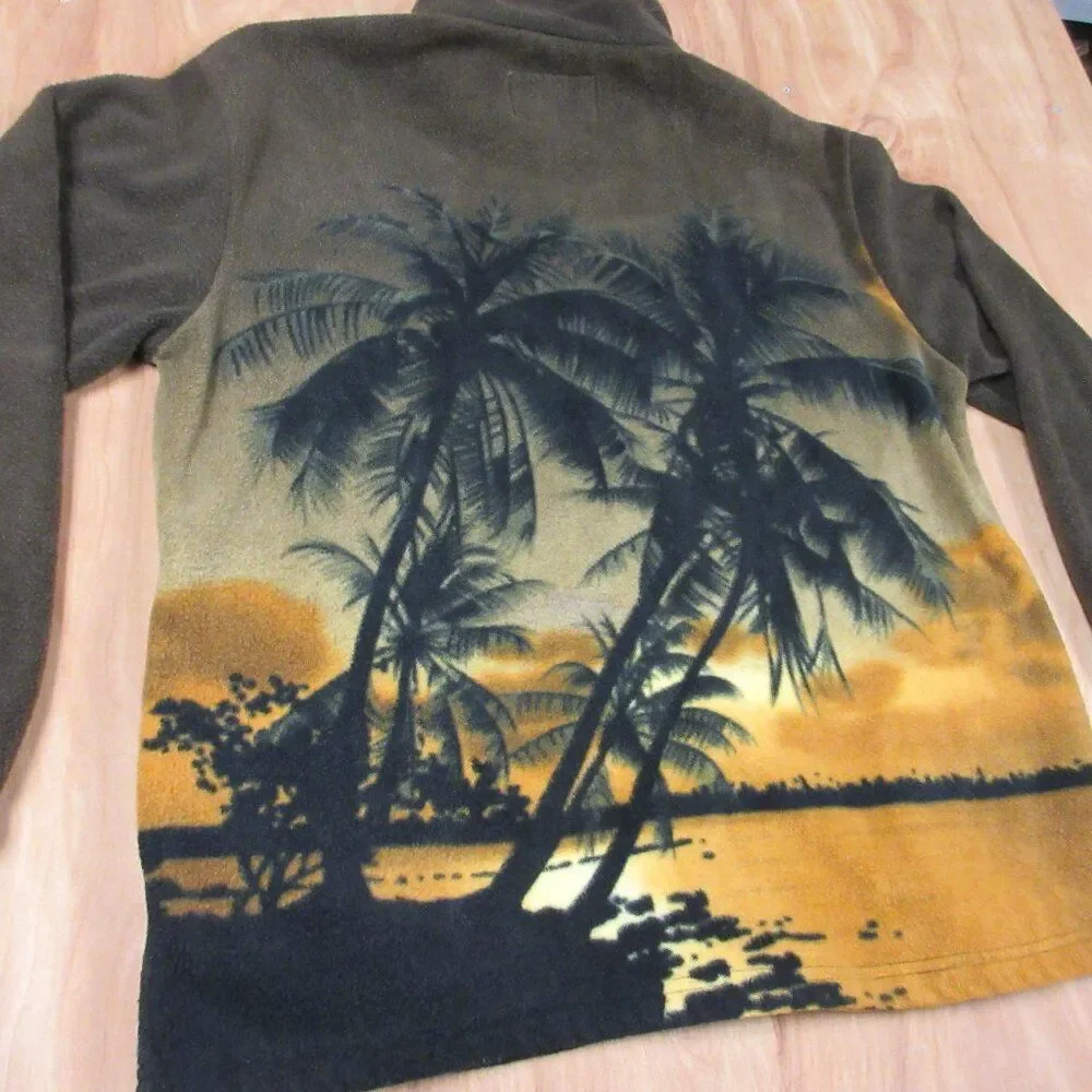 KOKOPELLI All Over Palm Print Zip-Up‎ Fleece Jacket Sz M Hawaiian Tropical Coat